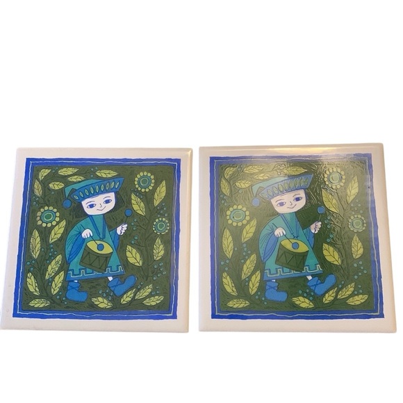 Vintage Holt Howard Ceramic Tile Trivet Hot Plate Renaissance Drummer Lot Of 2 - Picture 1 of 10